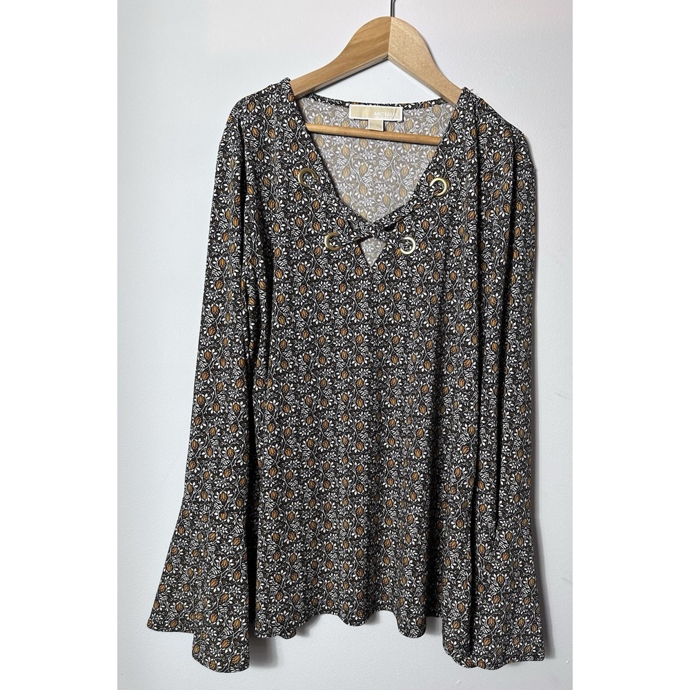 Michael Kors Blouse Womens Large Black Gold Floral Bell Long Sleeve Peasant L
